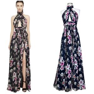 JILL Jill Stuart | Silk Floral Black Halter Cut Out Slit Maxi Dress Long Gown 2